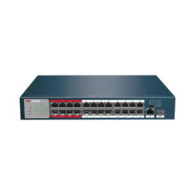 Switch PoE+ / No Administrable / 24 Puertos 100 Mbps PoE+ / 1 Puerto 1000 Mbps + 1 Puerto SFP Uplink / PoE hasta 250 Metros / 230 Watts