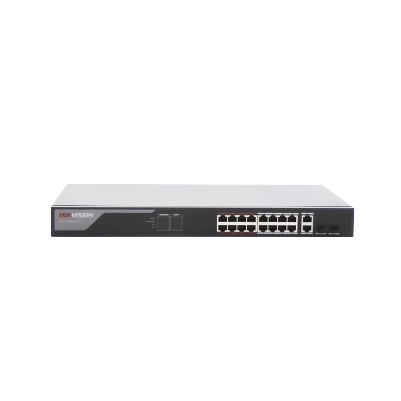 Switch Monitoreable PoE+ / 16 puertos 100 Mbps PoE+ / 2 Puertos 1000 Mbps Uplink + 2 Puertos SFP de Uplink / PoE hasta 250 Metros / Conexión Remota desde Hik-PartnerPro / 230 Watts