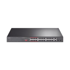 Switch PoE+ no Administrable 26 puertos 10/100 Mbps + 2 puertos 10/100/1000 Mbps + 2 puertos SFP, 8 puertos Extensor PoE (hasta