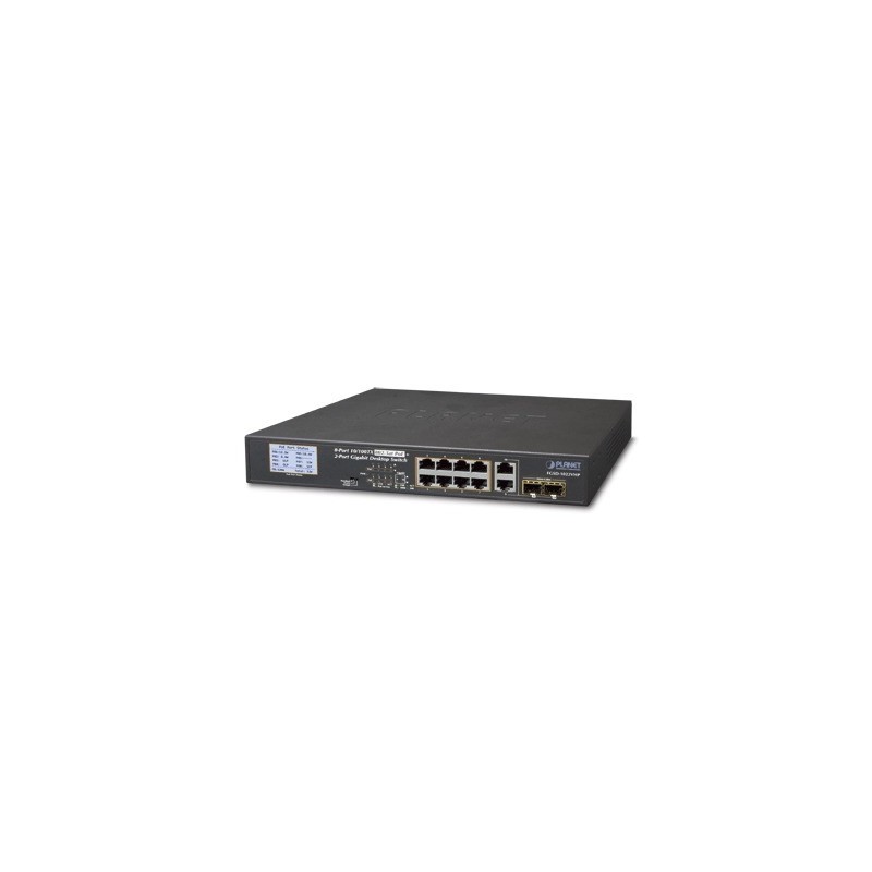 Switch PoE+ / distancia 250 metros / 8 puertos + 2 combo TP/SFP gigabit y pantalla LCD para monitoreo