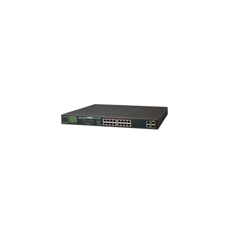 Switch no administrable PoE+ Extended, Aislamiento VLAN de 16 puertos + 2 combo TP/SFP Gigabit y Pantalla 