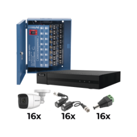 KIT TurboHD 1080p / DVR 16 Canales / 16 Cámaras Bala Policarbonato con Microfono (exterior 2.8 mm) / Transceptores / Conectores