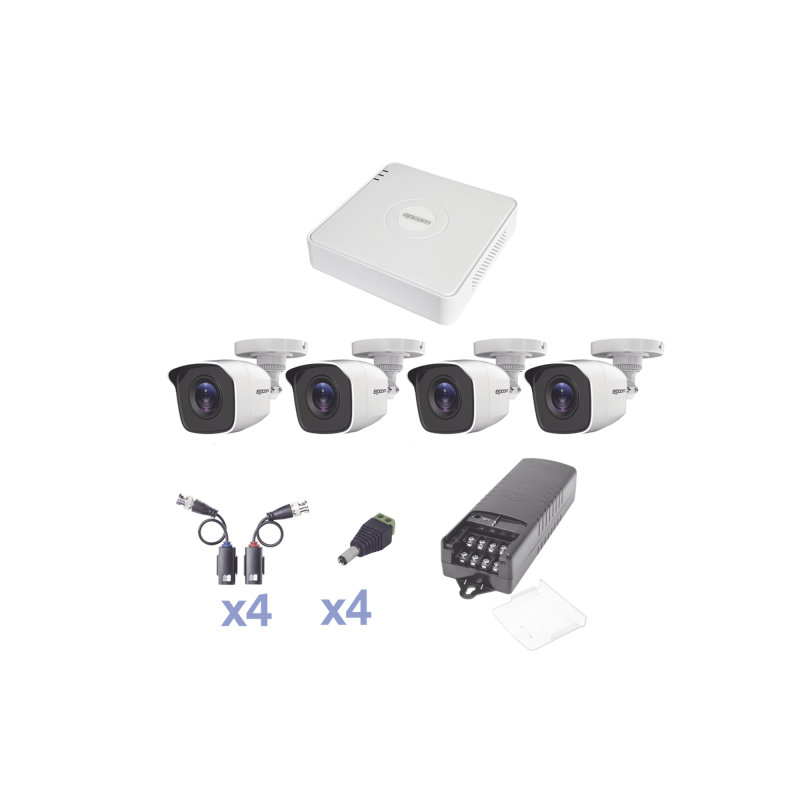 KIT TurboHD 1080 Lite / DVR 4 Canales / 4 Cámaras Bala (exterior 2.8 mm) / Transceptores / Conectores / Fuente de Poder Profesional