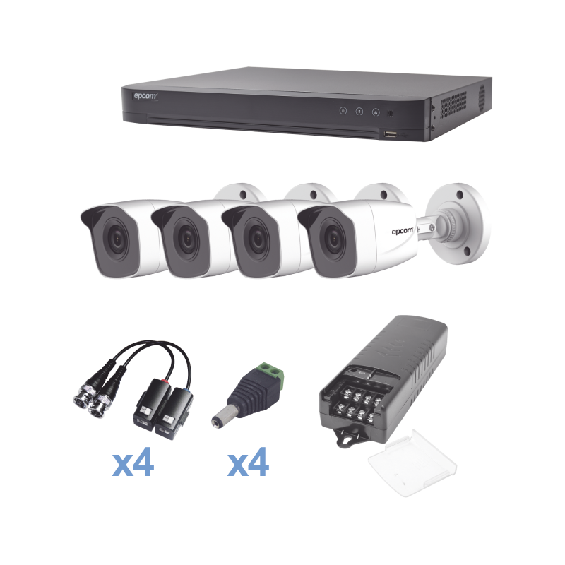 KIT TurboHD 1080p / DVR 4 Canales / 4 Cámaras Bala Metálicas (exterior 2.8 mm) / Transceptores / Conectores / Fuente de Poder Profesional