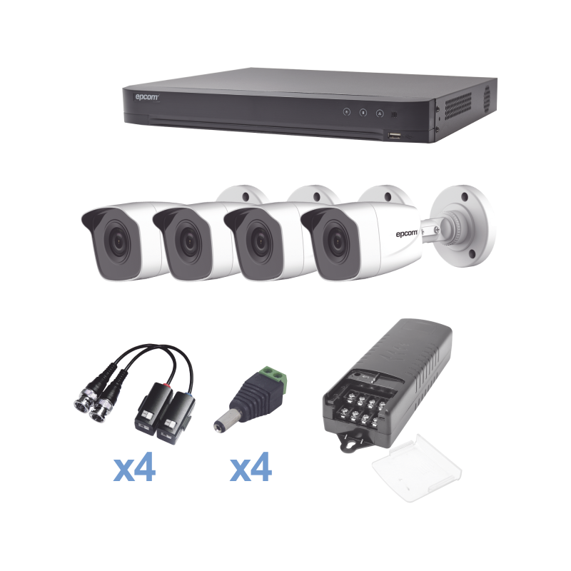 KIT TurboHD 1080p / DVR 4 Canales / 4 Cámaras Bala Metálicas (exterior 2.8 mm) / Transceptores / Conectores / Fuente de Poder