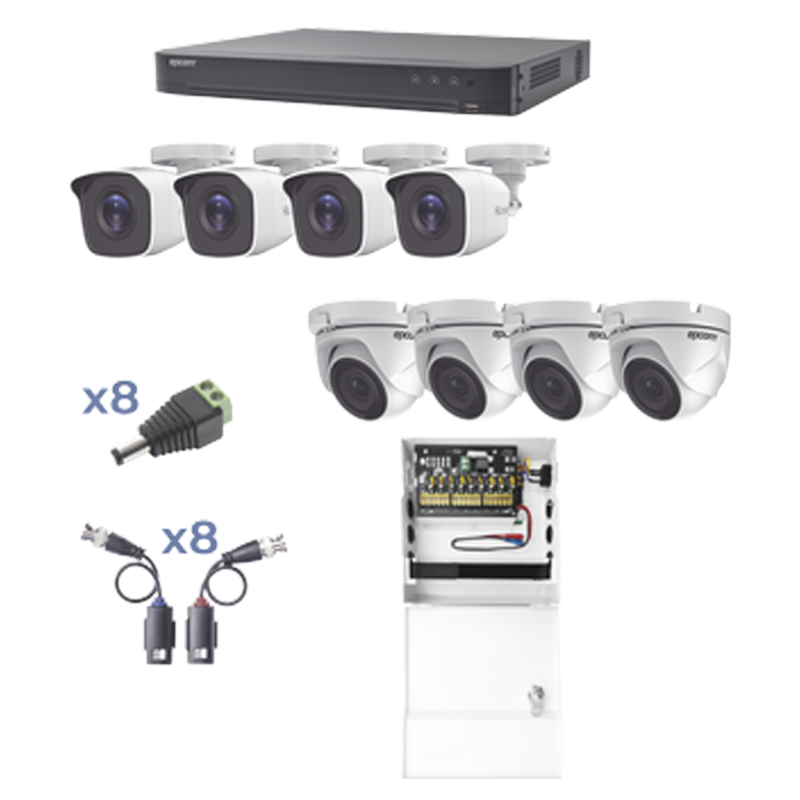 KIT TurboHD 1080p / DVR 8 Canales / 4 Cámaras Bala (exterior 2.8 mm) / 4 Cámaras Eyeball (exterior 2.8 mm) / Transceptores / Conectores / Fuente de Poder Profesional hasta 15 Vcc para Largas Distancias