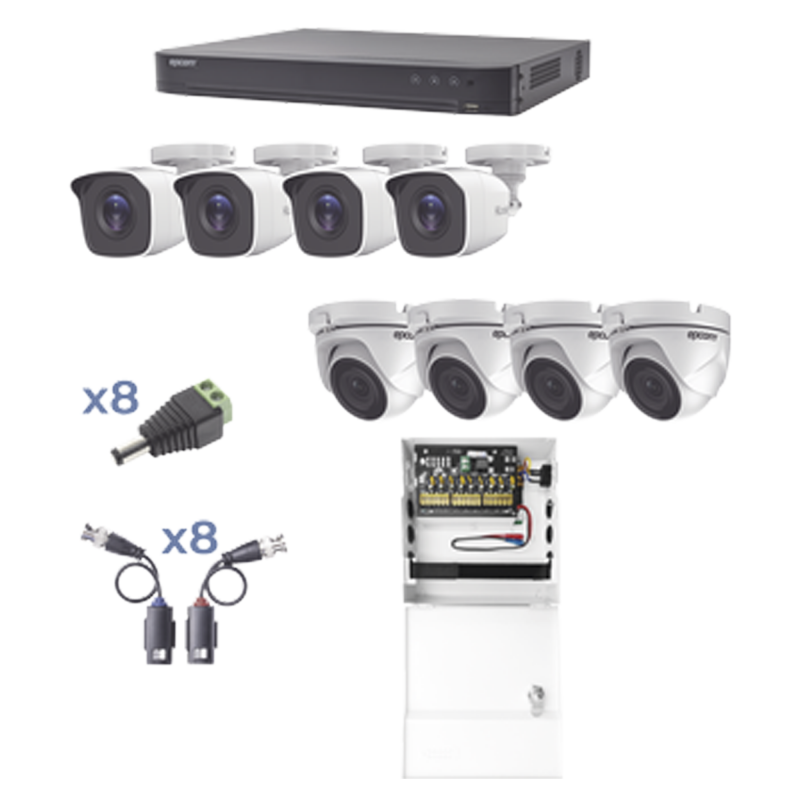 KIT TurboHD 1080p / DVR 8 Canales / 4 Cámaras Bala (exterior 2.8 mm) / 4 Cámaras Eyeball (exterior 2.8 mm) / Transceptores /