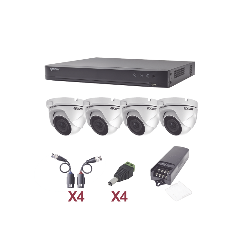 KIT TurboHD 1080p / DVR 4 Canales / 4 Cámaras Eyeball (exterior 2.8 mm) / Transceptores / Conectores / Fuente de Poder Profesional