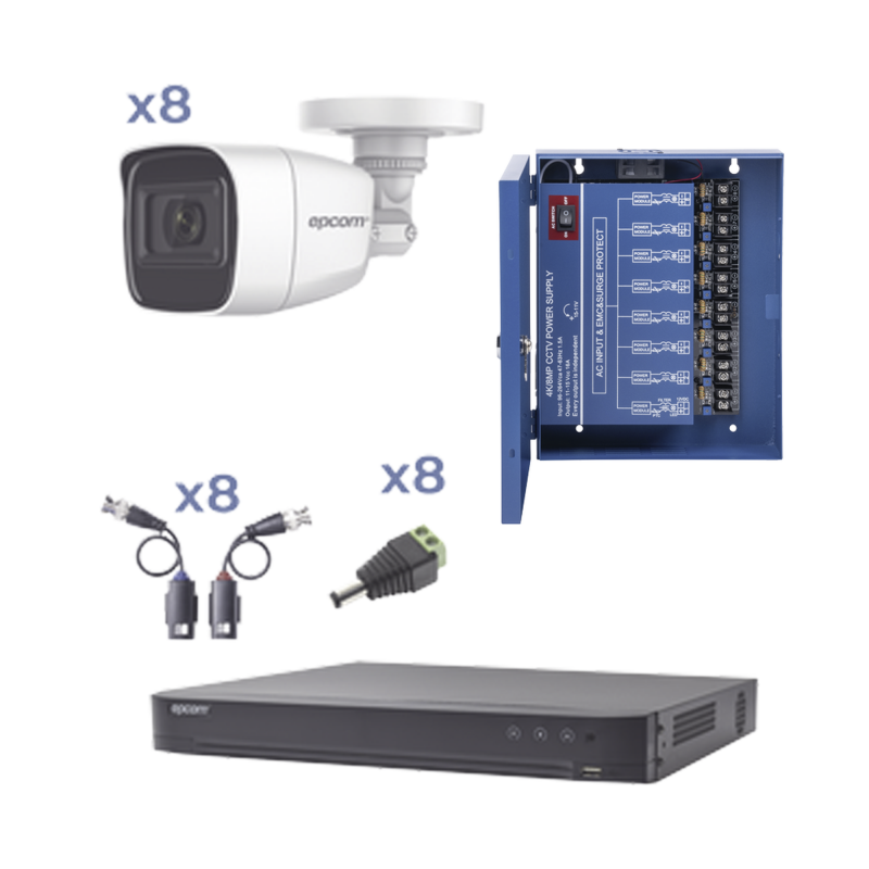 KIT TurboHD con Audio 1080p / DVR 8 Canales / 8 Cámaras Bala (exterior 2.8 mm) / Transceptores / Conectores / Fuente de Poder / AUDIO POR COAXITRON