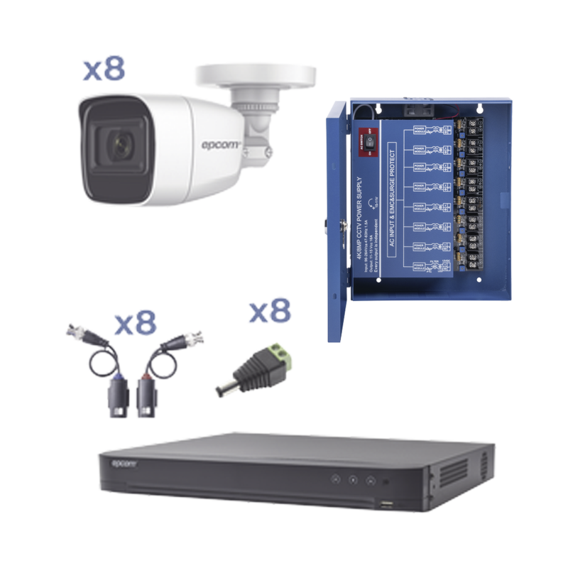 KIT TurboHD con Audio 1080p / DVR 8 Canales / 8 Cámaras Bala (exterior 2.8 mm) / Transceptores / Conectores / Fuente de Poder /