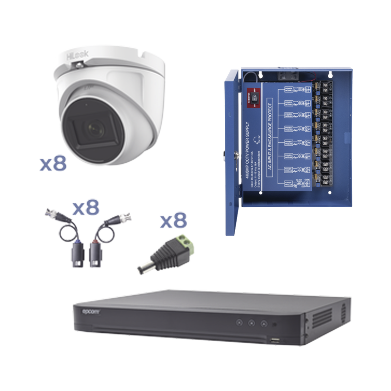 KIT TurboHD con Audio 1080p / DVR 8 Canales / 8 Cámaras Domo (exterior 2.8 mm) / Transceptores / Conectores / Fuente de Poder /