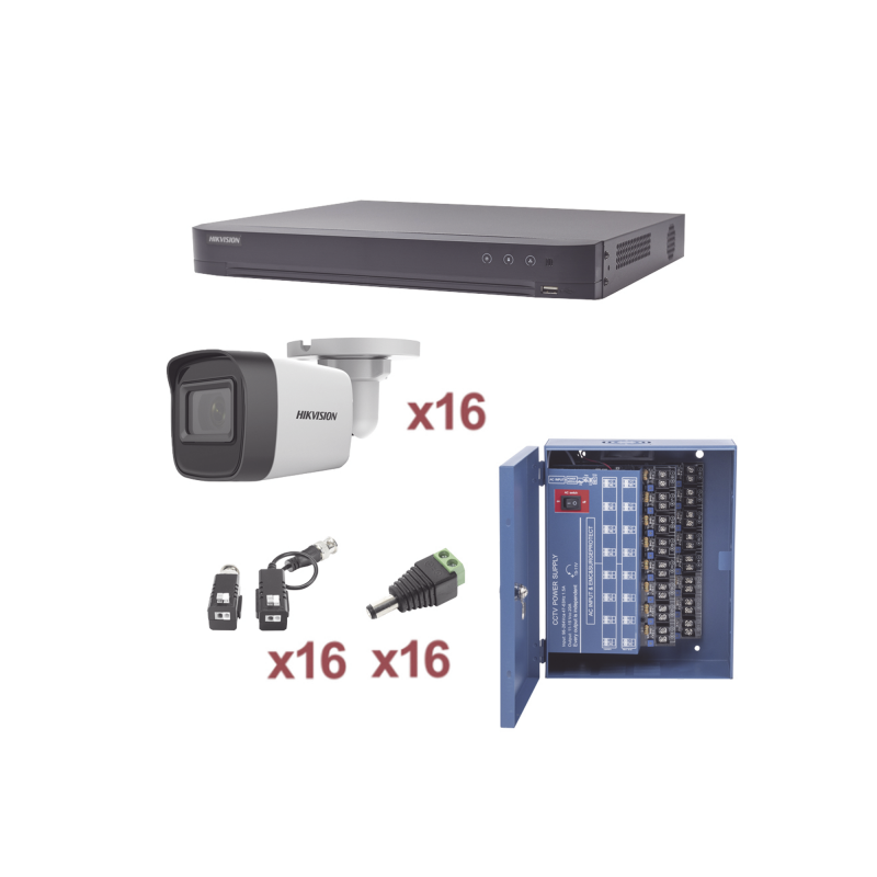 KIT TurboHD 1080p / DVR 16 Canales / 16 Cámaras Bala (exterior 2.8 mm) / Transceptores / Conectores / Fuente de Poder Profesional