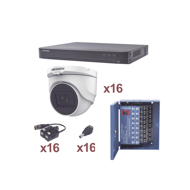 KIT TurboHD 1080p / DVR 16 Canales / 16 Cámaras Turret con Audio Integrado (Exterior 2.8 mm) / Transceptores / Conectores /