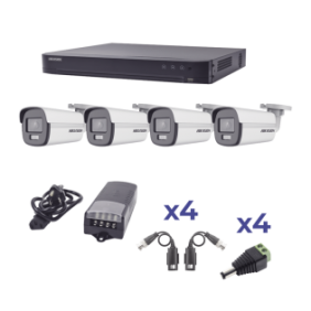 KIT COLORVU TURBOHD 1080p / DVR 4 Canales / 4 Cámaras Bala (exterior) lente 2.8mm / Fuente de poder profesional / Transceptores de video y Accesorios de corriente