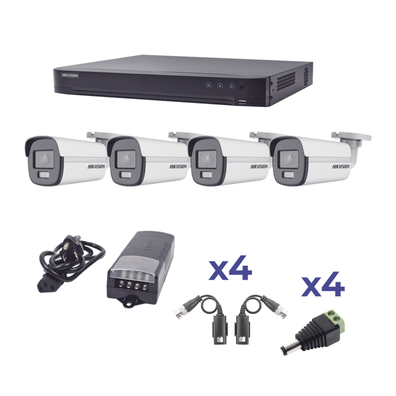 KIT COLORVU TURBOHD 1080p / DVR 4 Canales / 4 Cámaras Bala (exterior) lente 2.8mm / Fuente de poder profesional / Transceptores de video y Accesorios de corriente