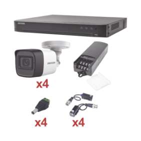 KIT TurboHD 1080p / DVR 4 Canales / 4 Cámaras Bala (exterior 2.8 mm) / Transceptores / Conectores / Fuente de Poder Profesional