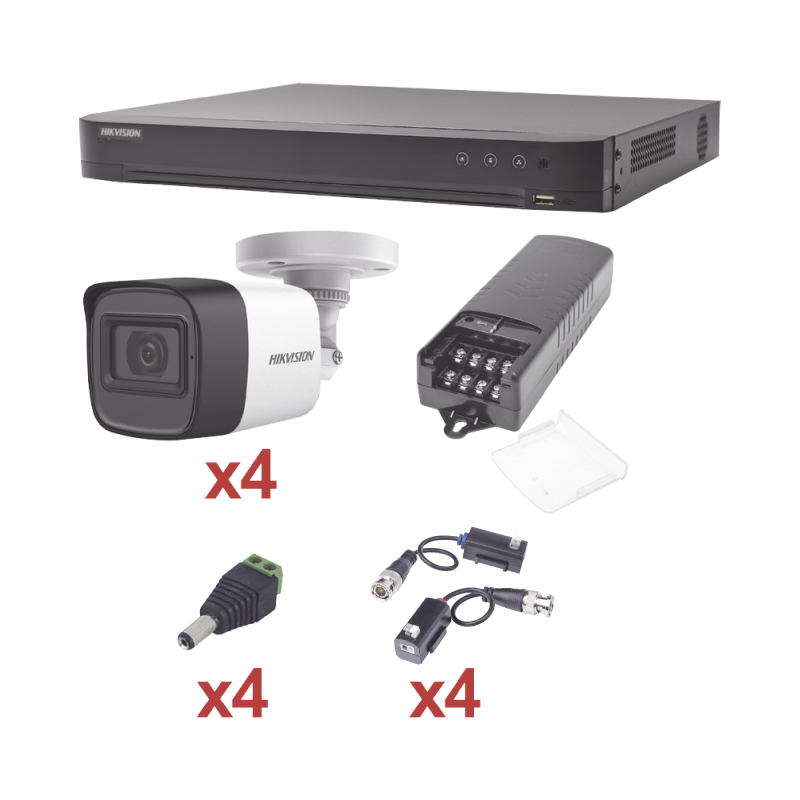 KIT TurboHD 1080p / DVR 4 Canales / 4 Cámaras Bala (exterior 2.8 mm) / Transceptores / Conectores / Fuente de Poder Profesional