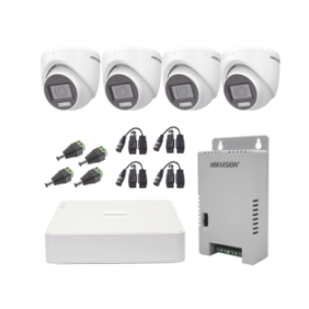 KIT TurboHD 1080p / DVR 4 Canales con audio por coaxitron / 4 Cámaras con Micrófono y  106° Visión/  luz blanca + IR visión nocturna  / Transceptores / Conectores / Fuente de Poder Profesional