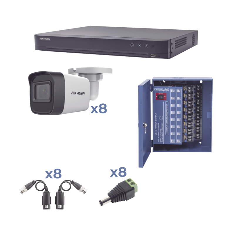 KIT TurboHD 1080p / DVR 8 Canales / 8 Cámaras Bala (exterior 2.8 mm) / Transceptores / Conectores / Fuente de Poder Profesional hasta 15 Vcc para Larga Distancia