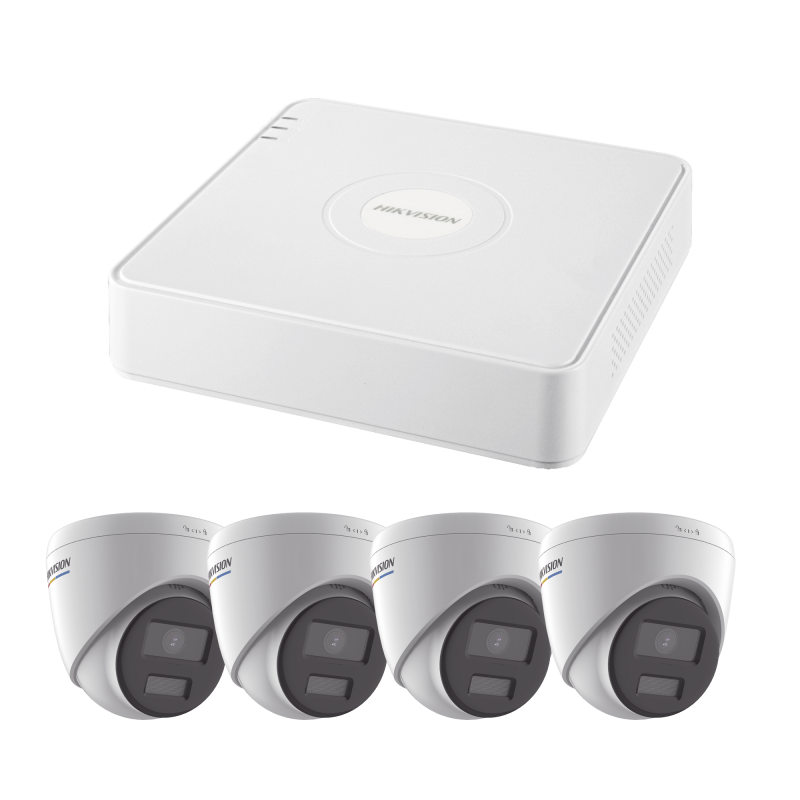 Kit IP 1080p (2 Megapixel) / NVR de 4 Canales con 4 Puertos PoE / 4 Cámaras IP Turret con Micrófono Integrado / ColorVu y ACUSENSE Lite