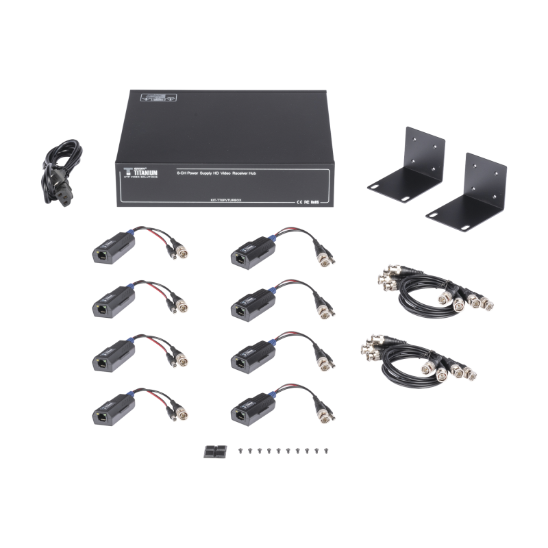 Kit de TRANSCEPTOR ACTIVO DE 8 CANALES / VIDEO+PODER en un solo Cable UTP / 150 metros en 4K, 200 metros en 5 MP/ Envía 36 Vcc y Recibe 12 Vcc / TODO INCLUIDO PARA RACK / Compatible con cámaras HD-TVI/CVI/AHD/CVBS / INSTALACIÓN LIMPIA