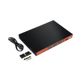 Switch PoE (802.3af/at/bt) / No administrable de largo alcance / Hasta 250m / Con 24 x 10/100Mbps + 2 x SFP Gigabit Combo / 250