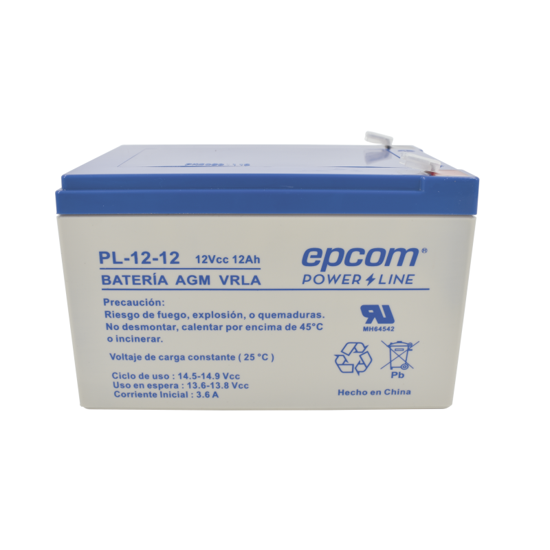 Batería 12 Vcc / 12 Ah / UL / Tecnología AGM-VRLA / Para uso en equipo electrónico Alarmas de intrusión / Incendio/ Control de acceso / Video Vigilancia / Terminales F2 / Cargador recomendado CHR-80. 
