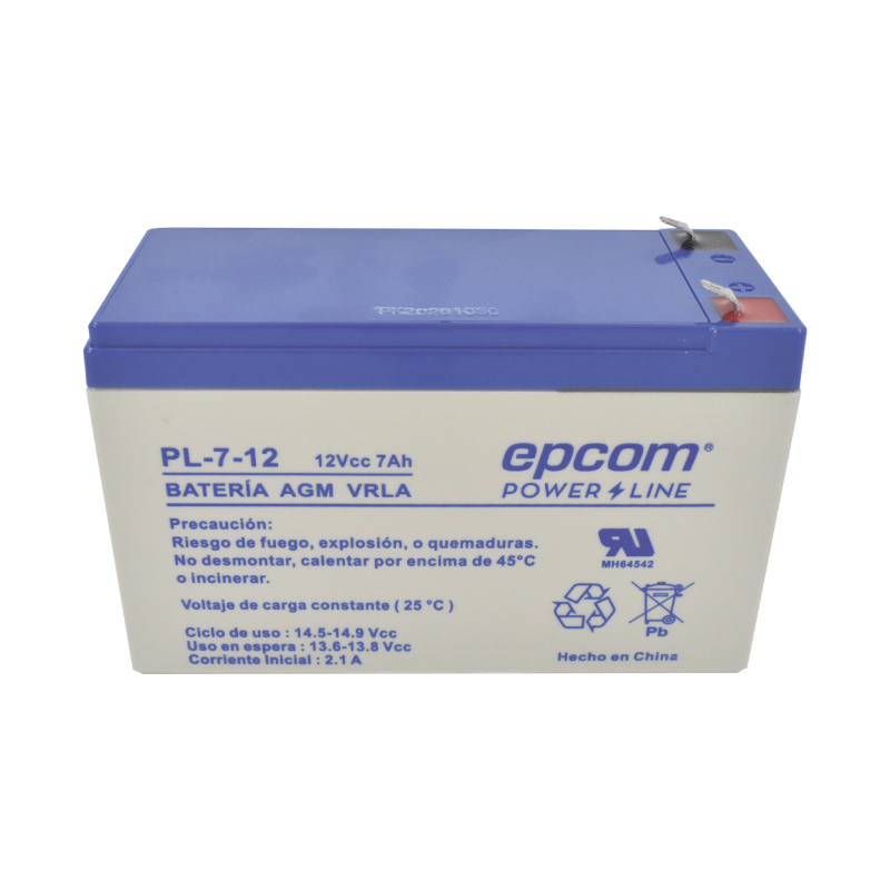 Batería 12 Vcc / 7 Ah / UL / Tecnología AGM-VRLA / Para uso en equipo electrónico Alarmas de intrusión / Incendio/ Control de acceso / Video Vigilancia / Terminales F1 / Cargador recomendado CHR-80.