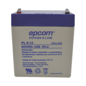 Batería 12 Vcc / 5 Ah / UL / Tecnología AGM-VRLA / Para uso en equipo electrónico Alarmas de intrusión / Incendio/ Control de acceso / Video Vigilancia / Terminales F1 / Cargador recomendado CHR-80.