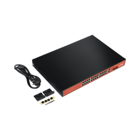 Switch PoE (802.3af/at/bt) / No administrable de largo alcance / Hasta 250m / Con 24 x 10/100Mbps + 2 x SFP Gigabit Combo / 250 W