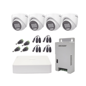 KIT TurboHD 1080p / DVR 4 Canales con audio por coaxitron / 4 Cámaras con Micrófono y  106° Visión/  luz blanca + IR visión nocturna  / Transceptores / Conectores / Fuente de Poder Profesional