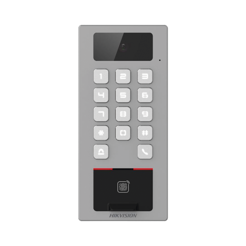 Lector Biometrico con Teclado para Exterior Antivandálico IP65 & IK09 con función de Videoportero Multiapartamento /  Huella, Tarjeta, Código QR, PIN o App HikConnect  / Cámara 2 MP compatible con NVRs / Soporta biom