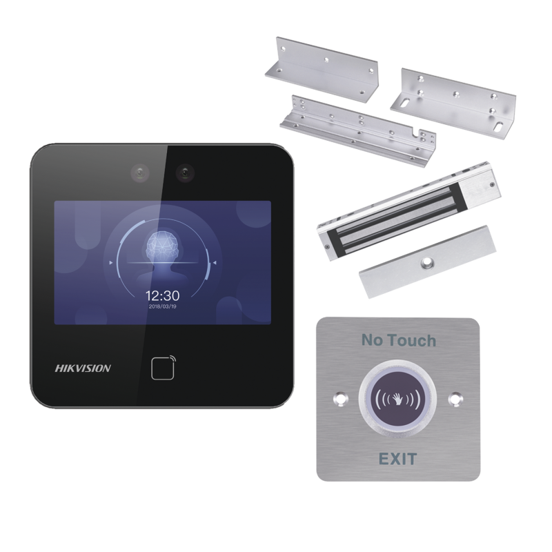 Kit de Control de Acceso TODO INCLUIDO con Lector de Rostros, QRs y Tarjetas / 1,500 rostros / Compatible con App HIKConnect /Incluye Electroimán  Botón de Salida y Montajes Z y L para imán 