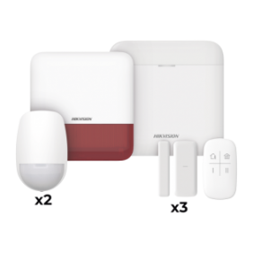 (AX PRO) KIT de Alarma AX PRO con GSM (3G/4G) / Incluye: 1 Hub con bateria de respaldo / 2 Sensores PIR / 3 Contactos Magnéticos mini / 1 Control Remoto / 1 Sirena estrobo Roja Inalambrica Exterior  / WiFi / Compatible con Hik-Connect P2P