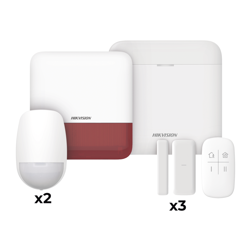 (AX PRO) KIT de Alarma AX PRO con GSM (3G/4G) / Incluye: 1 Hub con bateria de respaldo / 2 Sensores PIR / 3 Contactos Magnéticos mini / 1 Control Remoto / 1 Sirena estrobo Roja Inalambrica Exterior  / WiFi / Compatible con Hik-Connect P2P