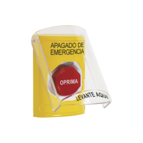 Botón de Apagado de Emergencia, Texto en Español, Tapa Protectora de Policarbonato Súper Resistente, Restablecimiento con