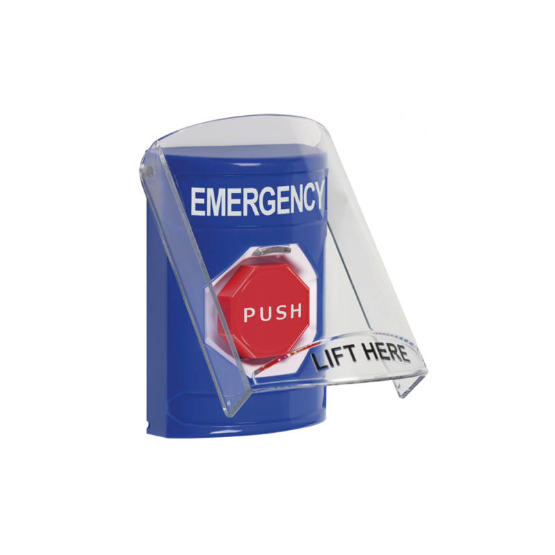 Botón de Emergencia con Bocina de Advertencia Integrada, Texto en Inglés, Tapa Protectora de Policarbonato Súper Resistente,