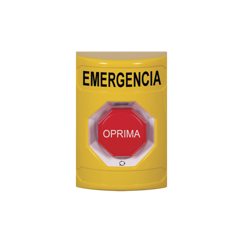 Botón de Emergencia en Español, Color Amarillo, Acción Mantenida, Girar para Restablecer y LED