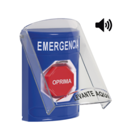 Botón de Emergencia con Bocina de Advertencia Integrada, Texto en Español, Tapa Protectora de Policarbonato Súper Resistente,