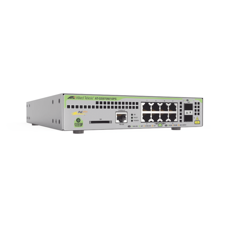Switch PoE+ Administrable CentreCOM GS970M, Capa 3 de 8 Puertos 10/100/1000 Mbps + 2 SFP Gigabit, 124