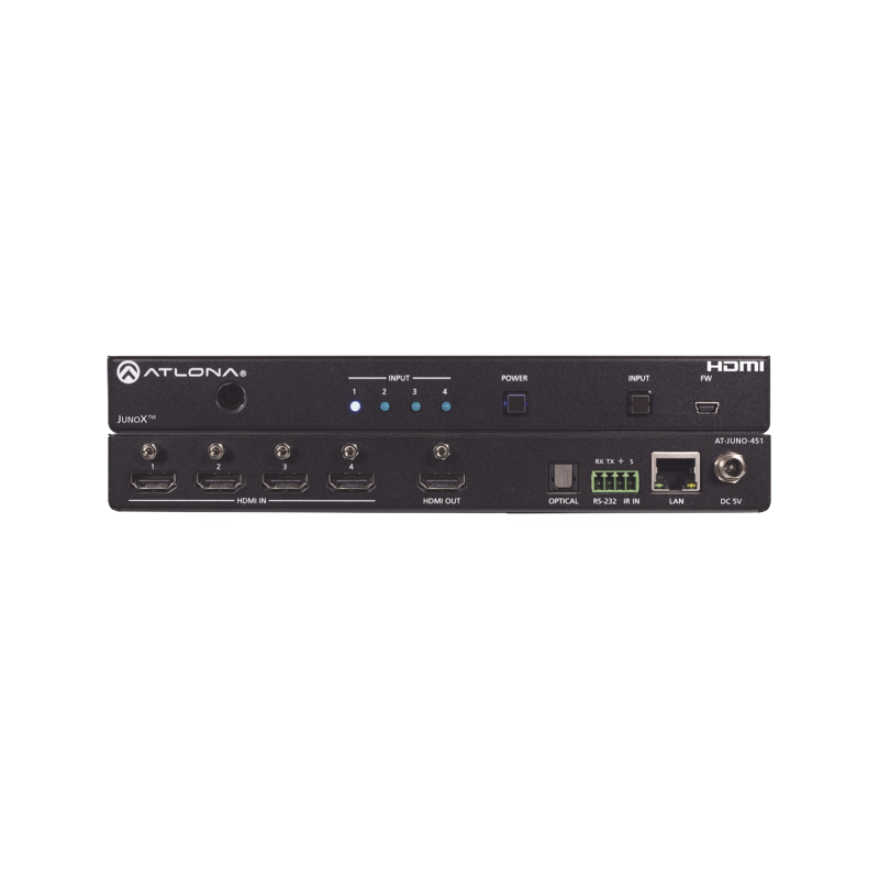 Atlona JunoX™ Switch HDMI 4K UHD HDR 4x1 / Conmutación Automática, Compatible HDCP 2.2, Funciones de Gestión EDID, Canal ARC y Salida TOSLINK.