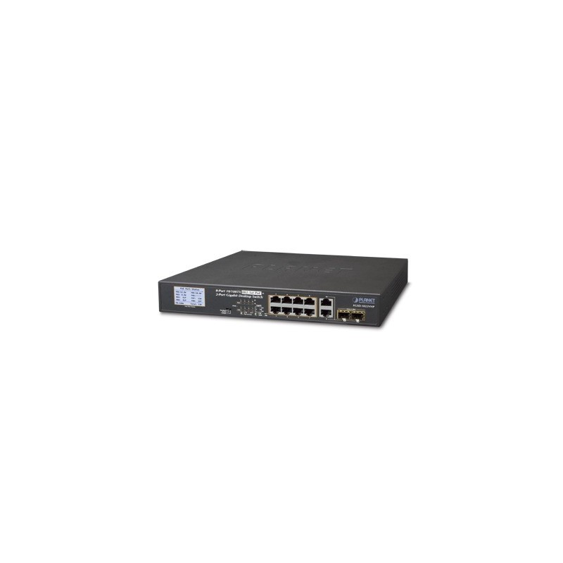 Switch PoE+ / distancia 250 metros / 8 puertos + 2 combo TP/SFP gigabit y pantalla LCD para