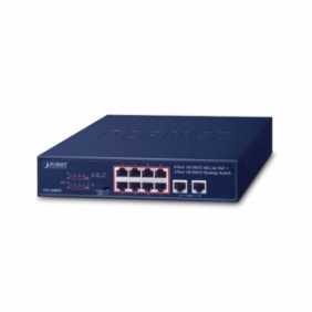 Switch No Administrable de Escritorio y Rack, 8 Puertos Fast Ethernet con  PoE 802.3af/at, 2 Puertos Uplink, Hasta 250 m en