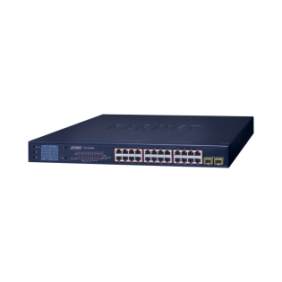 Switch PoE de 24 Puertos Gigabit 802.3af/at con Modo Extendido 250 m, 2 Puertos SFP 1000SX , Pantalla LCD para Configuración Básica, Hasta 300 W para PoE