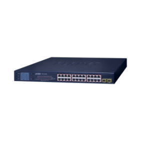 Switch PoE de 24 Puertos Gigabit 802.3af/at con Modo Extendido 250 m, 2 Puertos SFP 1000SX , Pantalla LCD para Configuración