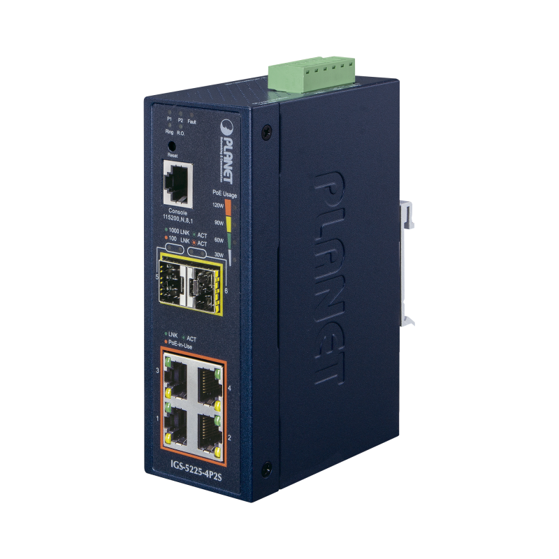 Switch Industrial Administrable Capa 2, 4 Puertos PoE 802.3af/at 10/100/1000T, 2 Puertos SFP 100/1000X