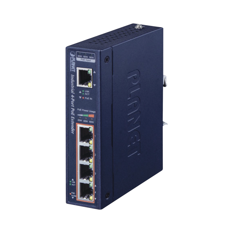 Extensor Industrial PoE, Entrada PoE 802.3 bt  y 4 Puertos de Salida Gigabit 802.3 af/at