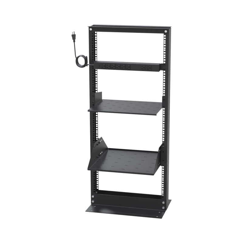 Kit de Rack Estándar 19", 24 UR con 2 Charolas  y PDU (8 tomas). Ideal para UPS y Servidores tipo Torre.