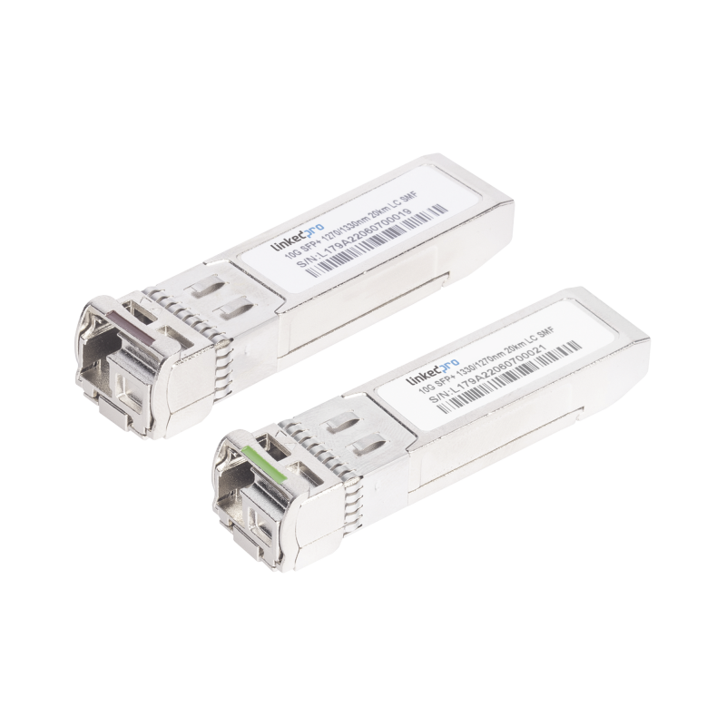 Transceptores Ópticos Bidireccionales SFP+ (Mini-Gbic) / Monomodo 1270 & 1330 nm / 10 Gbps / 1000BASE-BX / Conector LC/UPC Simplex / DDM / Hasta 20 km / 2 Piezas 