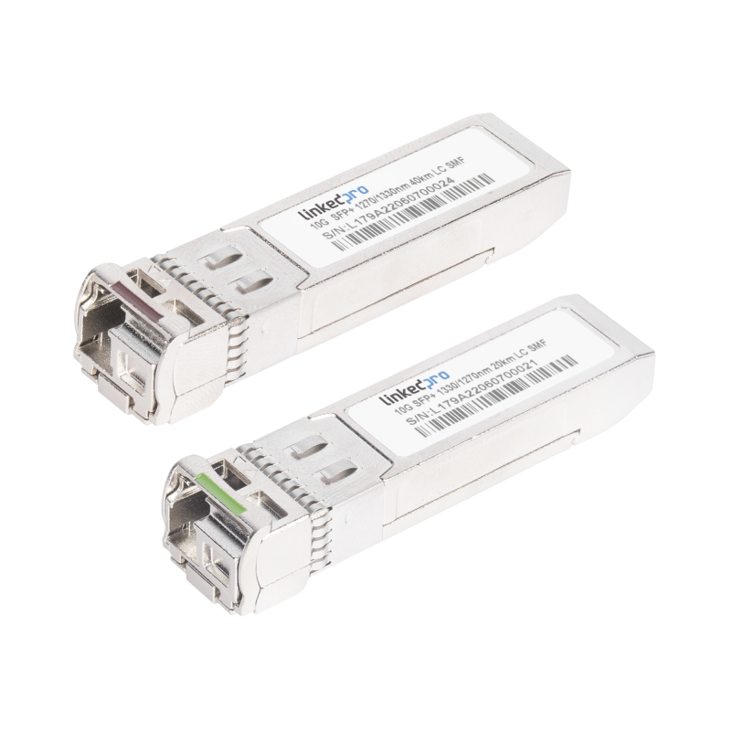 Transceptores Ópticos Bidireccionales SFP+ (Mini-Gbic) / Monomodo 1270 & 1330 nm / 10 Gbps / 1000BASE-BX / Conector LC/UPC Simplex / DDM / Hasta 40 km / 2 Piezas 